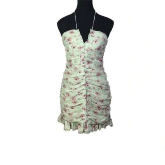Lulu’s Dress Small Blooming Night Out Light  Green Floral Print Ruched Bodycon - Picture 3 of 16